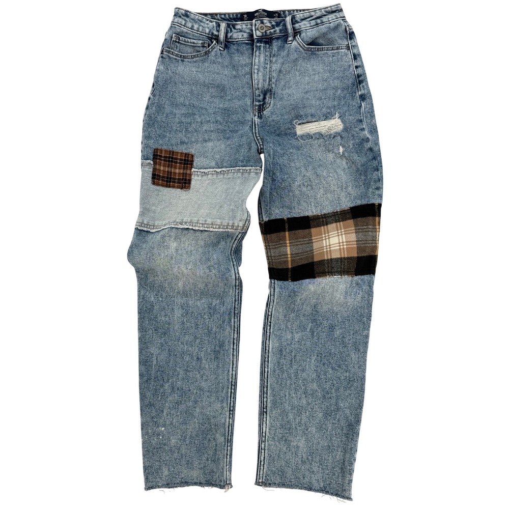 Hollister Patchwork Mom Jeans Size 3R Blue Distressed‎ Plaid Streetwear